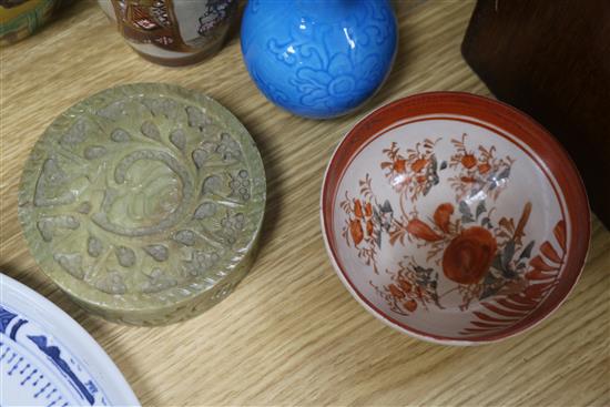 A Chinese Sancai glazed vase, a celadon vase and other Oriental ceramics